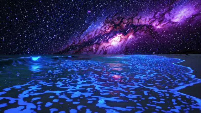 Mesmerizing bioluminescent waves under a starry galactic sky