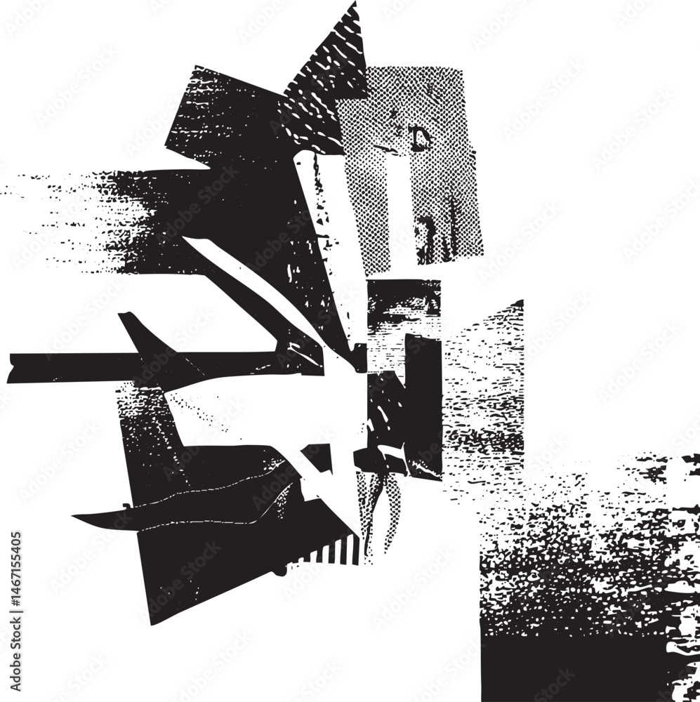 Aufkleber fragmented black and white shapes collide dynamically on a textured surface.