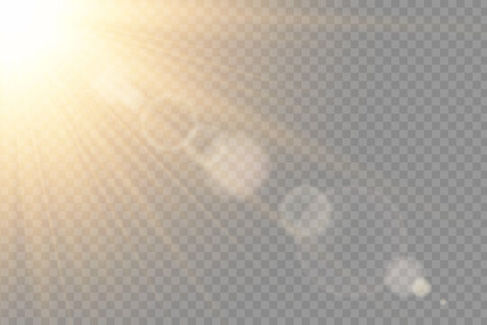 Shiny sun flare with glowing rays and radiant sunlight effect. Bright golden beam with sparkle and glare. Perfect for summer, sky and nature themes. Vector illustration.