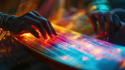 Illuminated strings, hands playing vibrant instrument.