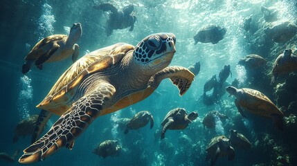 Obraz premium Underwater scene of a large sea turtle swimming amidst a group of other turtles in a vibrant coral reef.