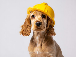 Adorable Builder: Cocker Spaniel Puppy Wearing a Yellow Hard Hat