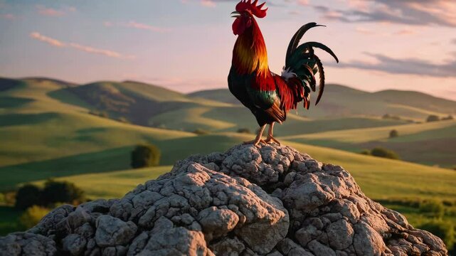 Majestic rooster crowing at sunrise on rocky hilltop against scenic landscape