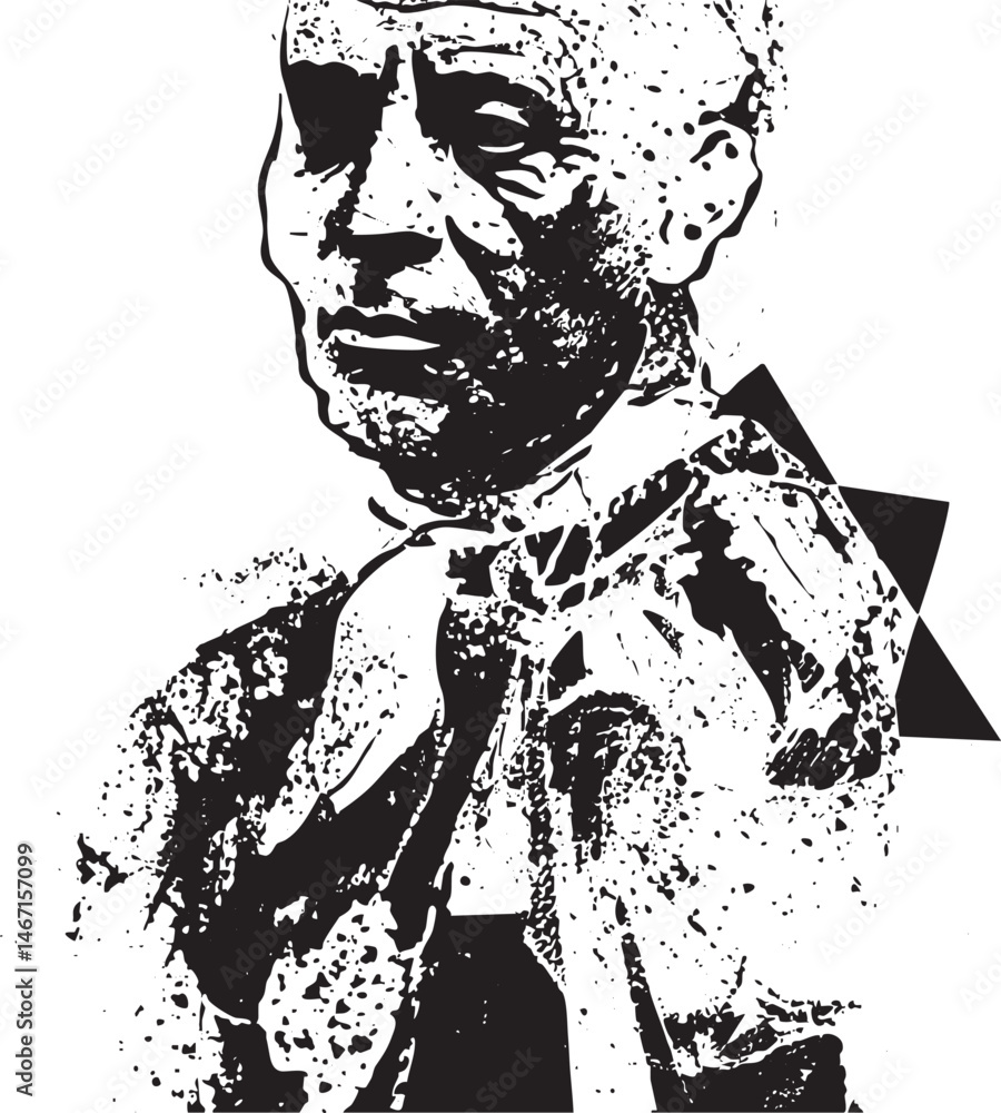 Poster a grayscale portrait of a man with an intense expression surrounded by fragmented geometric shapes.