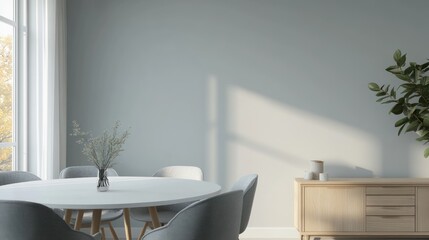 Modern dining room, sunlight, autumn view, minimalist decor, interior design