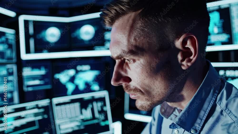 Poster focused analyst in hightech control room with digital data displays