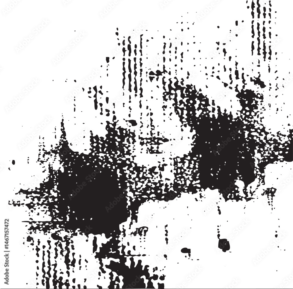 Poster black paint splatters create a dynamic abstract texture on a white background.
