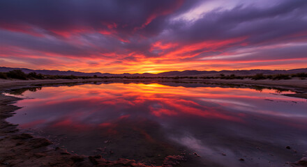 Fototapeta premium Spectacular Desert Sunset Reflected In Calm Water With Striking Color Palette