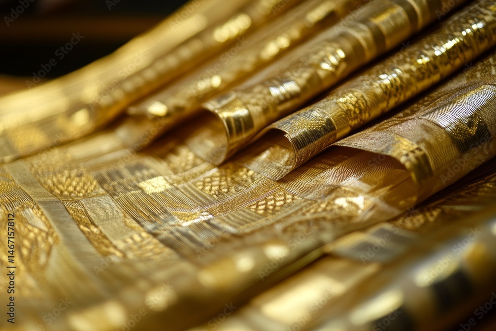 Aufkleber close-up view of folded golden fabric with intricate patterns.