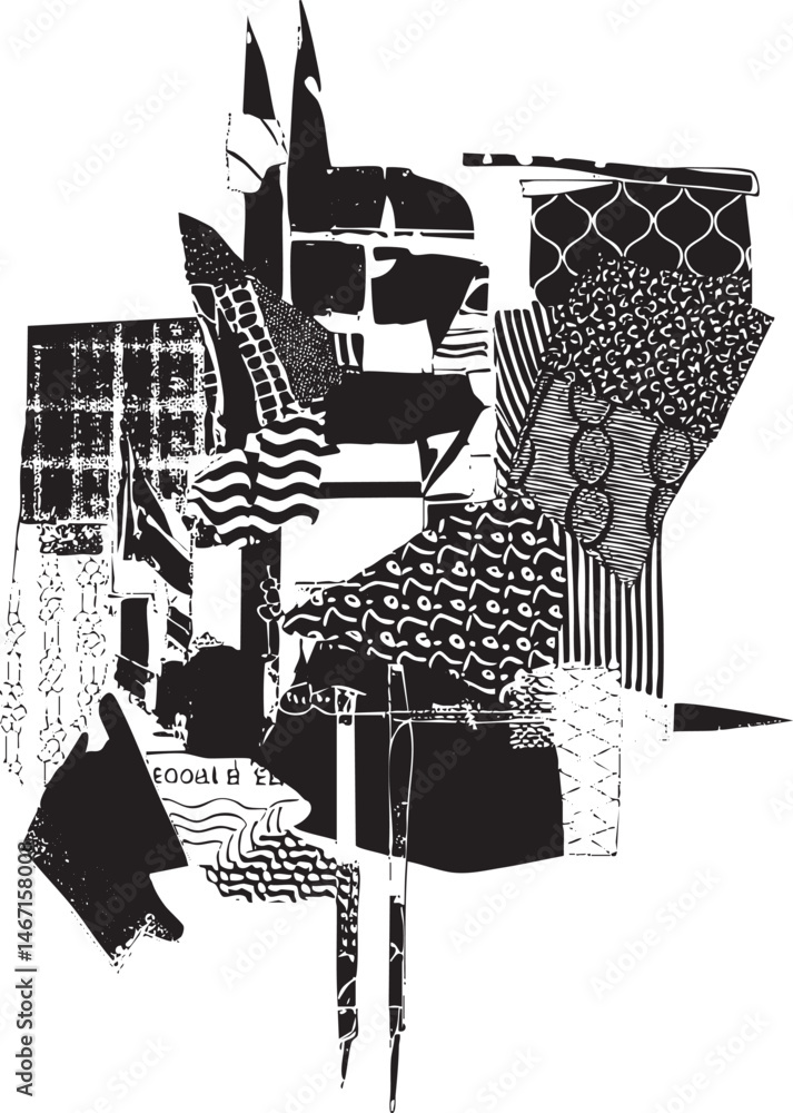 Aufkleber a fragmented monochrome composition featuring layered geometric shapes and abstract elements.