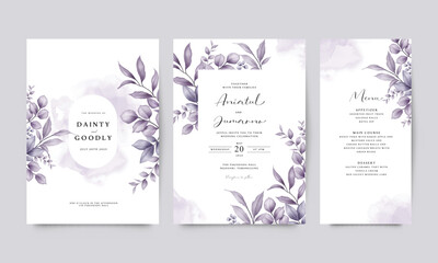 Elegant watercolor leaves wedding invitation set template