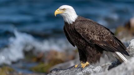 Obraz premium Majestic bald eagle perched on rocks near water