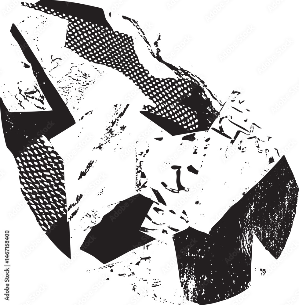 Poster black and white geometric shapes overlap and intersect to form directional arrows.