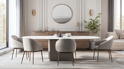Modern dining room, elegant table setting, neutral tones, calm background, interior design
