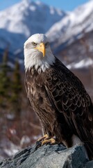 Obraz premium Majestic bald eagle perched on a rock, overlooking a snowy mountain landscape