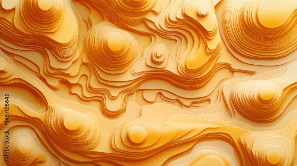 Poster abstract topographic map with layered, concentric circles and undulating lines in warm orange hues.