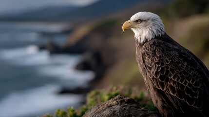 Fototapeta premium Majestic bald eagle perched on a cliff overlooking the ocean