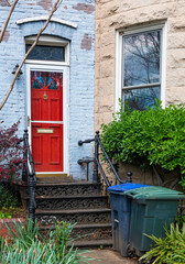 Metal decorative staircase to a townhouse.