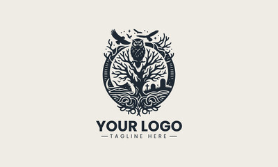 Vector logo with owl on bare tree above skull and tombstone silhouette