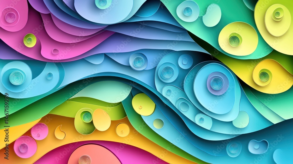 Poster abstract colorful layered paper art background with wavy shapes and circles.