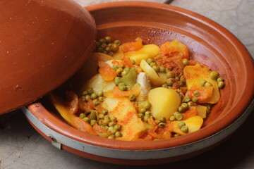 Fresh Moroccan Tajine or Tagine Close Up, Fresh Homemade Tajine with Vegetables