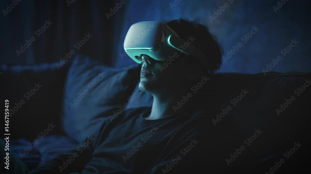 Poster man in dark room using vr headset, glowing interface reflecting on his face while relaxing into a vi