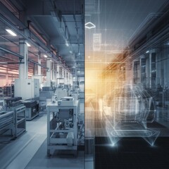 A split‑screen visual of a manufacturing plant and its digital twin, with virtual sensors and status overlays mirroring real‑world machinery.