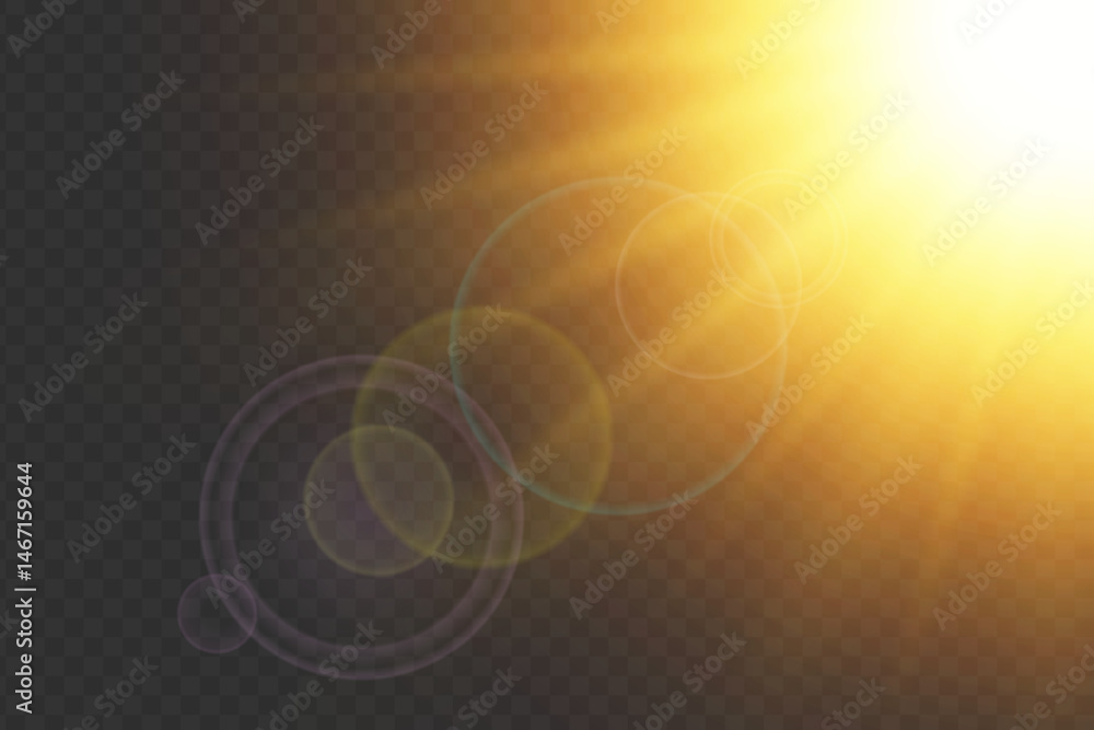 Poster sunlight flare with bright rays and glowing effect. shiny golden beam with transparent glare. ideal 