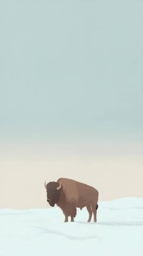 Illustrated bison stands on snowy plains beneath a blue sky, creating a scene of solitude and the wild with an outdoorsy feel.