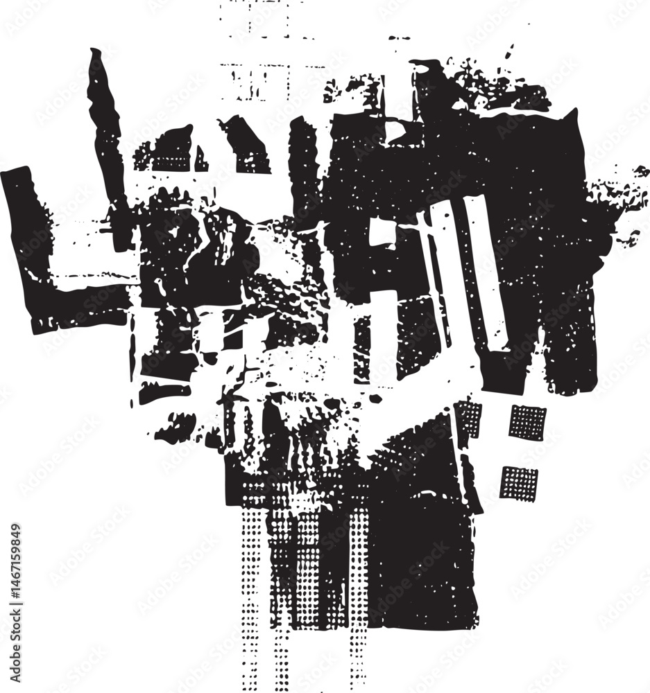 Poster fragmented black and white shapes create a dynamic abstract composition.