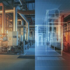 A split‑screen visual of a manufacturing plant and its digital twin, with virtual sensors and status overlays mirroring real‑world machinery.