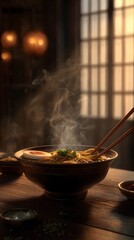 Steaming bowl of savory ramen with chopsticks, a comforting and aromatic meal.