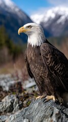 Fototapeta premium Majestic bald eagle perched on a rock, overlooking a mountain landscape
