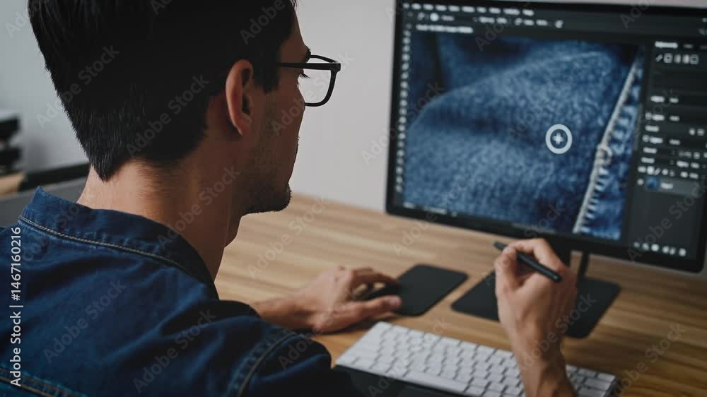 Poster graphic designer working on high-resolution image editing with a stylus pen at a modern workspace, f