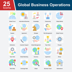 Global Business Operations is a collection of icons illustrating international business processes, outsourcing strategies, global supply chain management, risk management, and the dynamics of global.