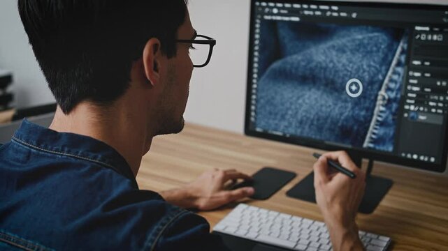 Graphic designer working on high-resolution image editing with a stylus pen at a modern workspace, focused on fabric texture details.