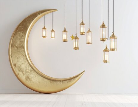 Golden crescent moon adorned with hanging lanterns and stars, set against a golden background with a text area, perfect for Eid al-Adha celebrations