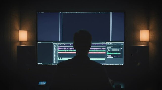 Focused content creator edits a complex timeline on a massive screen, silhouetted against dual monitors with waveform and color-coded clips visible