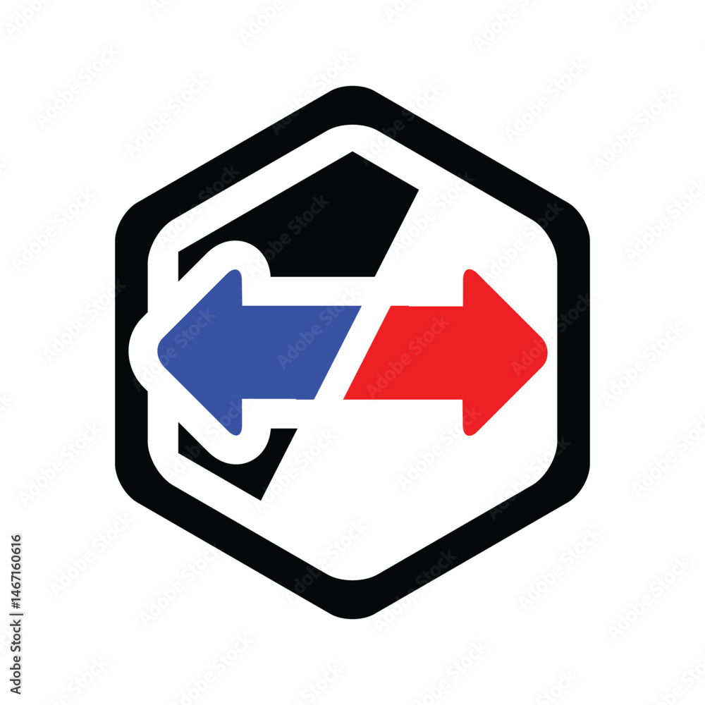 Poster the image shows a flat logo design of a hexagonal shape with two arrows in red and blue facing towar