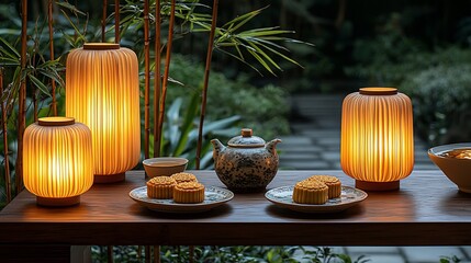 Lantern-style lamps, tea, and pastries on a wooden table, outdoor setting