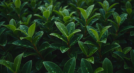 Obraz premium Vibrant Green Leaves With Water Droplets Displaying Freshness And Vitality