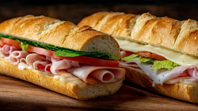 Close-up of two appetizing sub sandwiches filled with ham, cheese, tomatoes, and leafy greens on a wooden board.