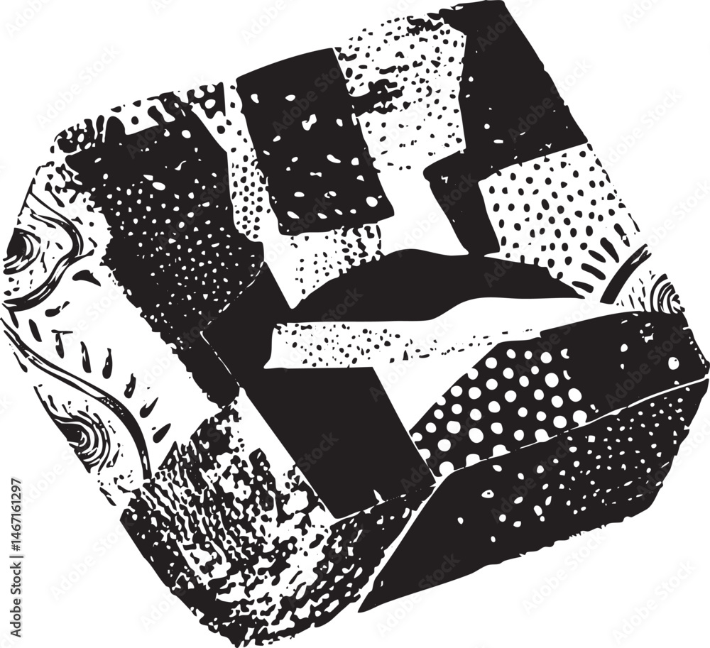 Poster a fragmented geometric shape composed of interlocking squares and lines.