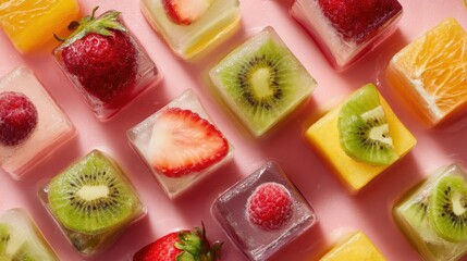Colorful Fruit Ice Cubes On Pink Background For Refreshing Summer Drinks And Desserts