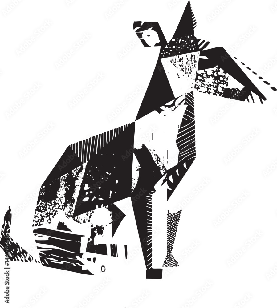 Poster a stylized angular figure stands amidst geometric shapes and layered textures.