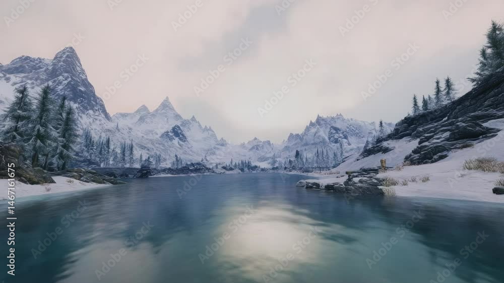 Poster snow covered mountains reflecting in a calm lake at sunset, creating a tranquil winter landscape ado