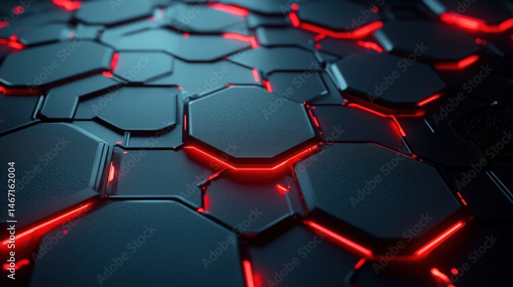 Poster abstract dark hexagon pattern with red glowing lines.