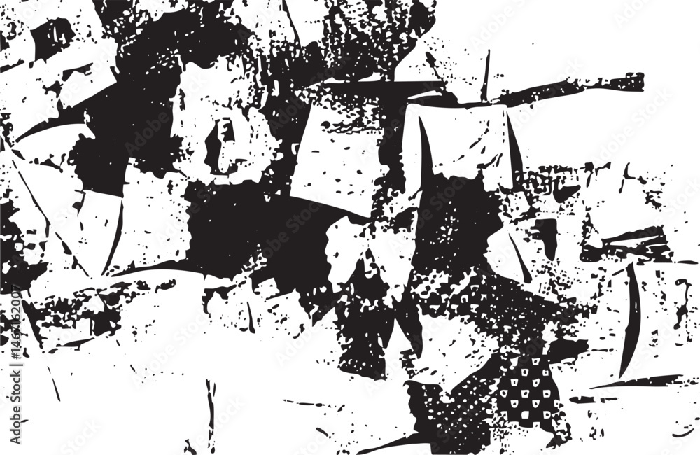 Poster fragmented black and white shapes create a textured abstract composition.