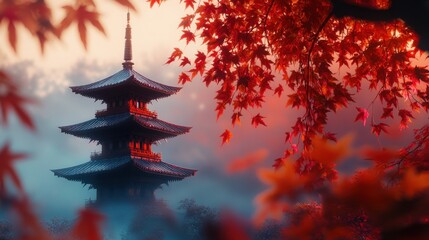 Obraz premium Pagoda nestled among vibrant autumn leaves