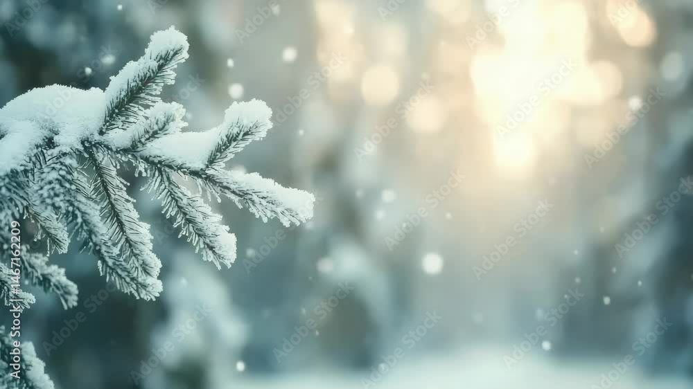 Poster Snow is gently falling on a pine tree branch in a winter forest, creating a magical scene as the sun sets, casting a warm glow on the snowy landscape